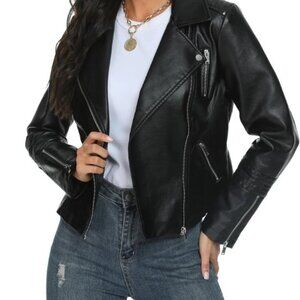 Fahsyee Womens  Motorcycle Jacket Size Medium Black Faux Leather Zipped Pockets